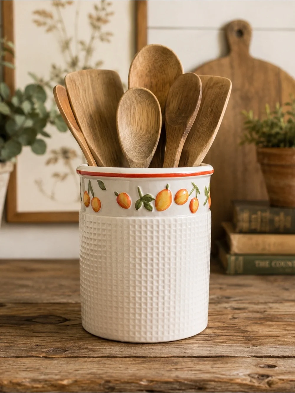Ceramic Orange Pattern Utensil Holder - White